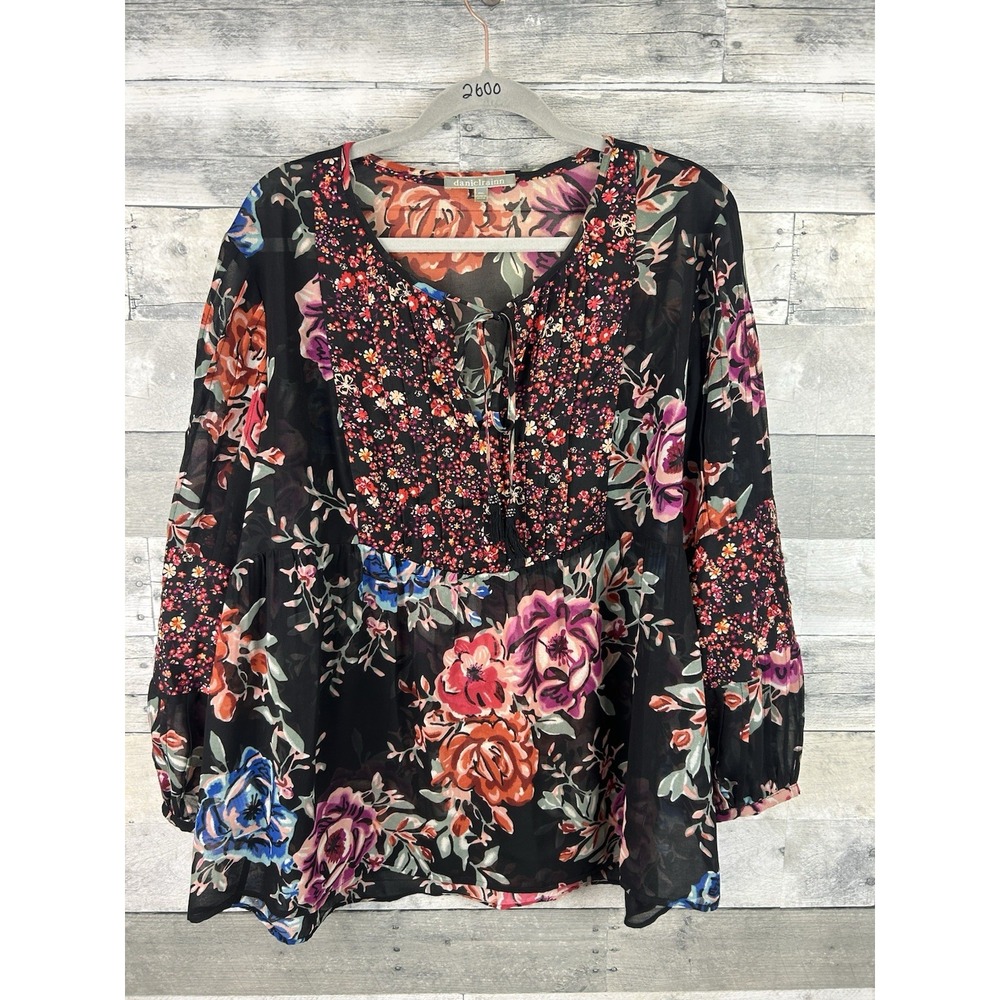 Daniel Rainn Women's XXL Black Semi Sheer Long Sleeve Floral Blouse